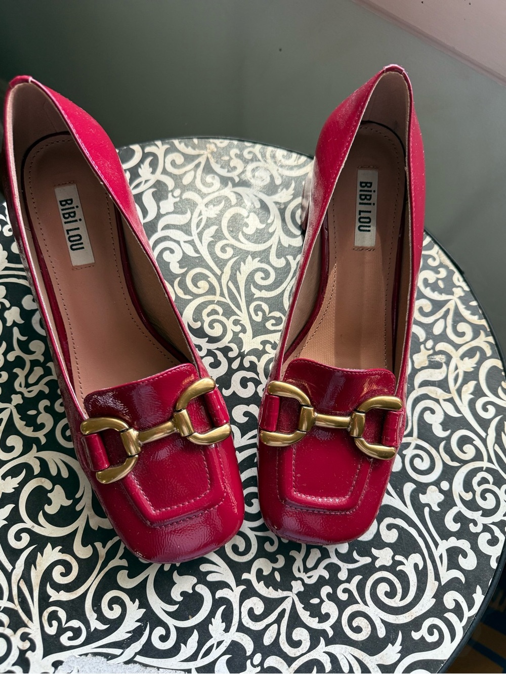 Bibi Lou Red Patent Loafers with Gold Hardware